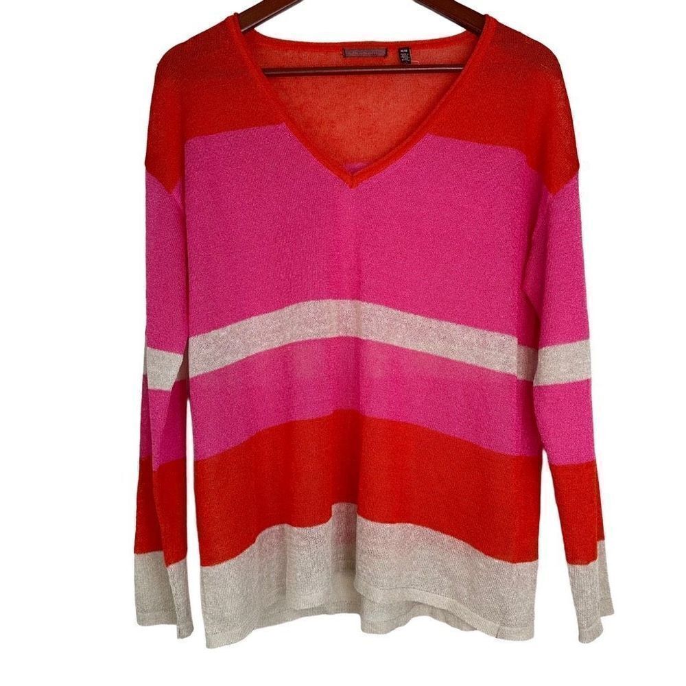 525 America Women’s Linen Blend Colorful Striped Vneck Top Medium Natural Beachy
